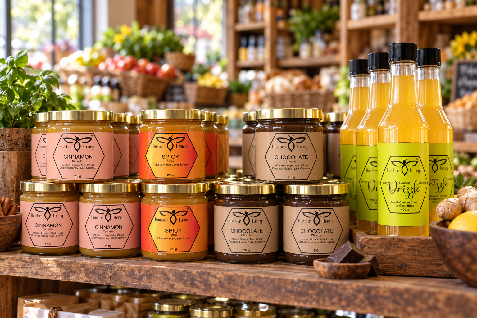 Présentation illustrée du miel Humber dans une petite épicerie locale, avec des pots de miel colorés et des flacons verseurs